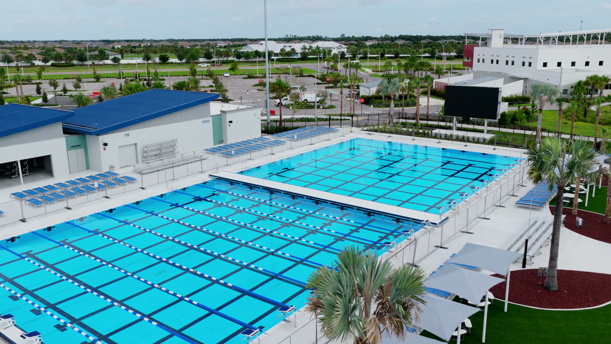 Aerial view of the two outdoor pools at the Athletics and Aquatics Center in Lakewood Ranch